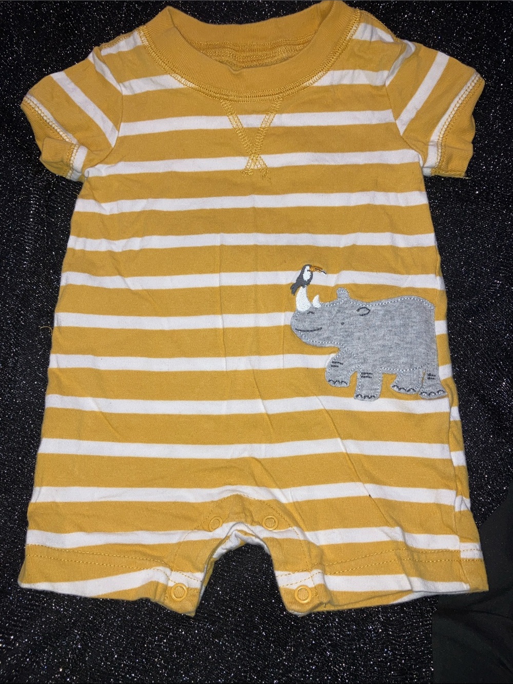 3/$15 Carter's Mustard Yellow and White Striped Baby Romper with Rhino & Toucan